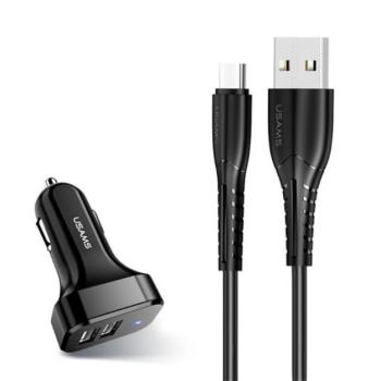 USAMS KING-TU autós töltő 2 USB aljzat (10W + Type-C kábel) FEKETE kép