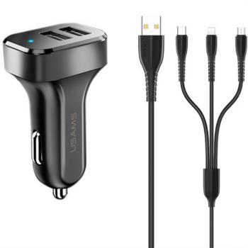 USAMS KING TU C13 autós töltő 2 USB aljzat (10W, LED jelzés + lightning/microUSB/Type-C kábel) FEKETE kép