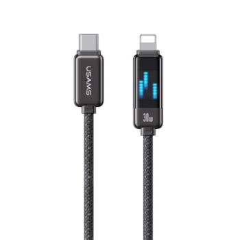 USAMS METEOR adatkábel (Type-C - lightning, 30W, PD gyorstöltő, 120cm, cipőfűző, LED kijelző) FEKETE kép