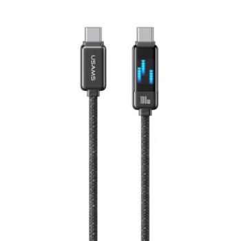 USAMS METEOR adatkábel (Type-C - Type-C, 100W, PD gyorstöltő, 120cm, cipőfűző, LED kijelző) FEKETE kép