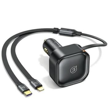 USAMS töltő visszahúzható kábellel 1xUBS-C+1x Lightning C41 PD 30W gyorstöltés fekete CC219CC01 (US-CC219) kép