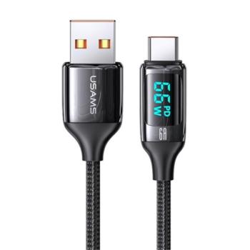 USAMS U78 adatkábel és töltő (USB - Type-C, 65W, PD gyorstöltés támogatás, 120cm, töltésjelző) FEKETE Alcatel 3T 8 2020, Blaupunkt OT19, Samsung Galaxy Tab A8 10.5 WIFI (2021) SM-X200, Sams kép