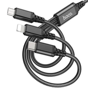 USB töltő- és adatkábel 3in1, USB Type-C, Lightning, microUSB, 100 cm, 2000 mA, gyorstöltés, cipőfűző minta, Hoco X76 Super, fekete kép