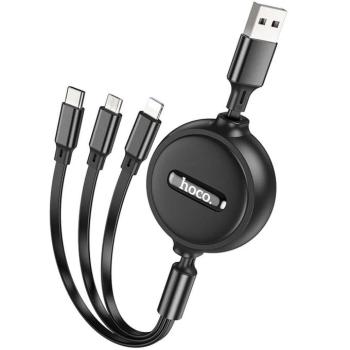 USB töltő- és adatkábel 3in1, USB Type-C, Lightning, microUSB, 100 cm, 2000mA, lapos, feltekerhető, Hoco X75, fekete kép
