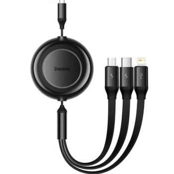 USB töltő- és adatkábel 3in1, USB Type-C, Lightning, microUSB, 110 cm, 3500 mA, gyorstöltés, lapos, feltekerhető, Baseus Bright Mirror 2, CAMJ010001, fekete kép