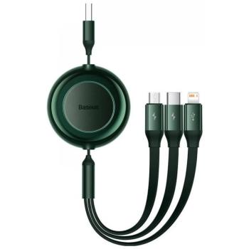 USB töltő- és adatkábel 3in1, USB Type-C, Lightning, microUSB, 110 cm, 3500 mA, gyorstöltés, lapos, feltekerhető, Baseus Bright Mirror 2, CAMJ010006, sötétzöld kép