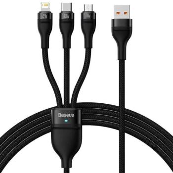 USB töltő- és adatkábel 3in1, USB Type-C, Lightning, microUSB, 120 cm, 3500 mAh, 100 W, törésgátlóval, gyorstöltés, cipőfűző minta, Baseus Flash Series 2, CASS030001, fekete kép