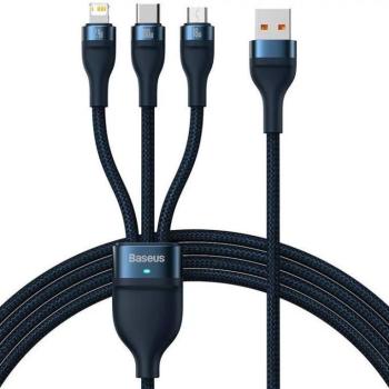 USB töltő- és adatkábel 3in1, USB Type-C, Lightning, microUSB, 120 cm, 3500 mAh, 100 W, törésgátlóval, gyorstöltés, cipőfűző minta, Baseus Flash Series 2, CASS030003, sötétkék kép