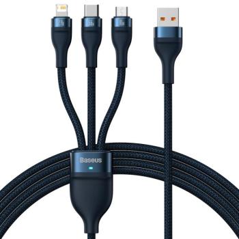 USB töltő- és adatkábel 3in1, USB Type-C, Lightning, microUSB, 120 cm, 6000 mAh, 66 W, törésgátlóval, gyorstöltés, cipőfűző minta, Baseus Flash Series 2, CASS040003, sötétkék kép