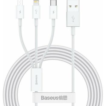 USB töltő- és adatkábel 3in1, USB Type-C, Lightning, microUSB, 150 cm, 3500 mA, törésgátlóval, gyorstöltés, Baseus Superior, CAMLTYS-02, fehér kép