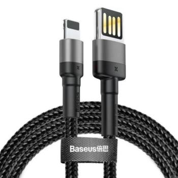USB töltő- és adatkábel, Lightning, 100 cm, 2400 mA, kétoldalas, törésgátló, gyorstöltés, cipőfűző minta, Baseus Cafule Special Edition, CALKLF-GG1, fekete/szürke kép