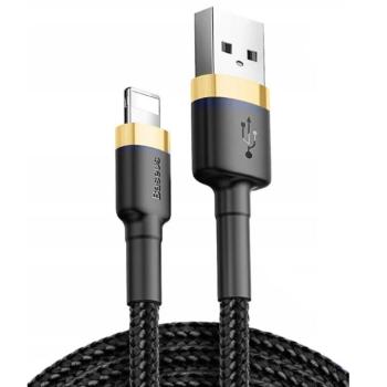 USB töltő- és adatkábel, Lightning, 100 cm, 2400 mA, törésgátlóval, gyorstöltés, cipőfűző minta, Baseus Cafule, CALKLF-BV1, fekete/arany kép