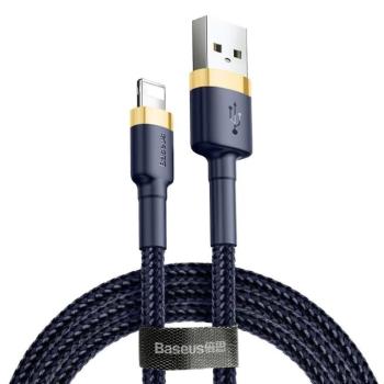 USB töltő- és adatkábel, Lightning, 100 cm, 2400 mA, törésgátlóval, gyorstöltés, cipőfűző minta, Baseus Cafule, CALKLF-BV3, sötétkék/arany kép