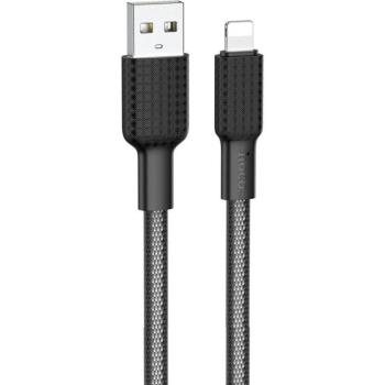 USB töltő- és adatkábel, Lightning, 100 cm, 2400 mA, törésgátlóval, gyorstöltés, cipőfűző minta, Hoco X69 Jaeger, fekete/fehér kép