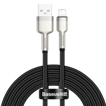 USB töltő- és adatkábel, Lightning, 200 cm, 2400 mA, törésgátlóval, gyorstöltés, cipőfűző minta, Baseus Cafule Metal, CALJK-B01, fekete kép