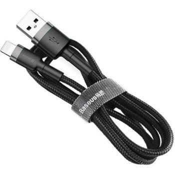 USB töltő- és adatkábel, Lightning, 50 cm, 2400 mA, törésgátlóval, gyorstöltés, cipőfűző minta, Baseus Cafule, CALKLF-AG1, fekete/szürke kép