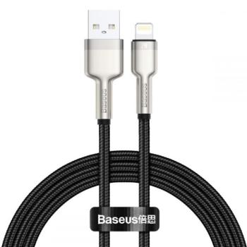 USB töltő- és adatkábel, Lightning, 50 cm, 2400 mA, törésgátlóval, gyorstöltés, cipőfűző minta, Baseus Cafule Metal, CALJK-01, fekete kép