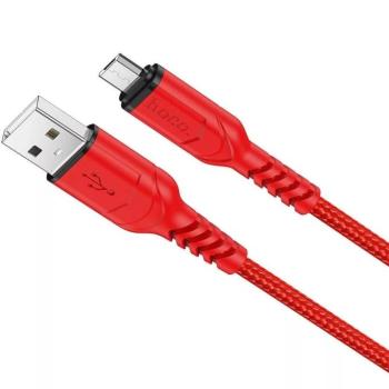 USB töltő- és adatkábel, microUSB, 100 cm, 2400 mA, törésgátlóval, gyorstöltés, QC, cipőfűző minta, Hoco X59 Victory, piros kép