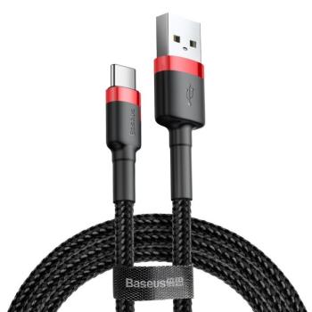 USB töltő- és adatkábel, USB Type-C, 100 cm, 3000 mA, törésgátlóval, gyorstöltés, cipőfűző minta, Baseus Cafule, CATKLF-B91, fekete/piros kép