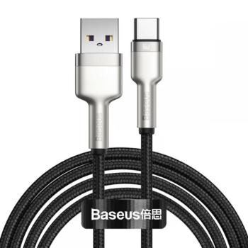 USB töltő- és adatkábel, USB Type-C, 100 cm, 6000 mA, 66W, törésgátlóval, gyorstöltés, cipőfűző minta, Baseus Cafule Metal, CAKF000101, fekete kép