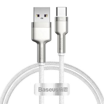 USB töltő- és adatkábel, USB Type-C, 100 cm, 6000 mA, 66W, törésgátlóval, gyorstöltés, cipőfűző minta, Baseus Cafule Metal, CAKF000102, fehér kép