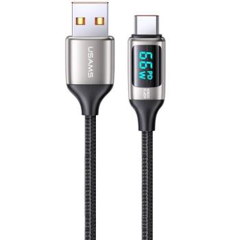 USB töltő- és adatkábel, USB Type-C, 120 cm, 6000 mA, LED kijelzővel, gyorstöltés, PD, cipőfűző minta, Usams U78, US-SJ544, fekete/ezüst kép