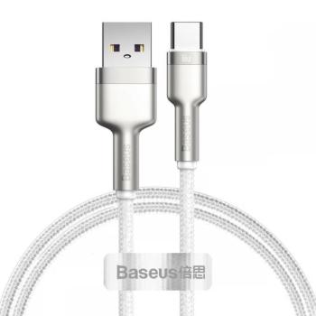 USB töltő- és adatkábel, USB Type-C, 200 cm, 6000 mA, 66W, törésgátlóval, gyorstöltés, cipőfűző minta, Baseus Cafule Metal, CAKF000202, fehér kép
