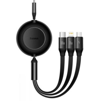 USB Type-C töltő- és adatkábel 3in1, USB Type-C, Lightning, microUSB, 110 cm, 100W, 3500 mA, gyorstöltés, lapos, feltekerhető, Baseus Bright Mirror 2, CAMJ010201, fekete kép