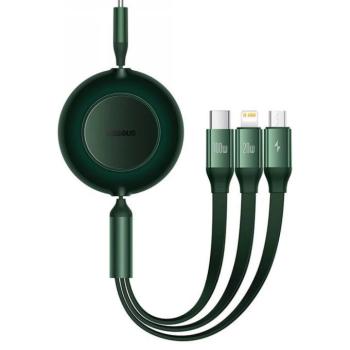 USB Type-C töltő- és adatkábel 3in1, USB Type-C, Lightning, microUSB, 110 cm, 100W, 3500 mA, gyorstöltés, lapos, feltekerhető, Baseus Bright Mirror 2, CAMJ010206, zöld kép