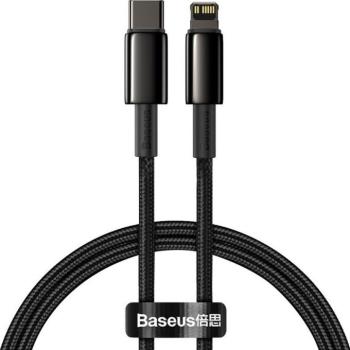 USB Type-C töltő- és adatkábel, Lightning, 100 cm, 20W, törésgátlóval, gyorstöltés, Baseus Tungsten Gold, CATLWJ-01, fekete kép