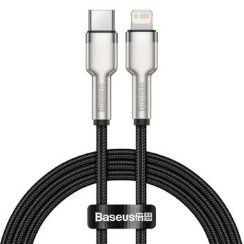 USB Type-C töltő- és adatkábel, Lightning, 100 cm, 20W, törésgátlóval, gyorstöltés, PD, cipőfűző minta, Baseus Cafule Metal, CATLJK-A01, fekete kép