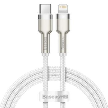 USB Type-C töltő- és adatkábel, Lightning, 100 cm, 20W, törésgátlóval, gyorstöltés, PD, cipőfűző minta, Baseus Cafule Metal, CATLJK-A02, fehér kép