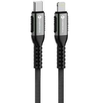 USB Type-C töltő- és adatkábel, Lightning, 120 cm, 3000mA, 27W, törésgátlóval, gyorstöltés, PD, cipőfűző minta, Forcell F-Energy C259, fekete kép