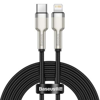 USB Type-C töltő- és adatkábel, Lightning, 200 cm, 20W, törésgátlóval, gyorstöltés, PD, cipőfűző minta, Baseus Cafule Metal, CATLJK-B01, fekete kép