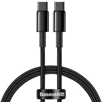 USB Type-C töltő- és adatkábel, USB Type-C, 100 cm, 5000 mA, 100W, törésgátlóval, gyorstöltés, cipőfűző minta, Baseus Tungsten Gold, CATWJ-01, fekete kép