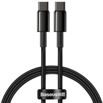 USB Type-C töltő- és adatkábel, USB Type-C, 200 cm, 5000 mA, 100W, törésgátlóval, gyorstöltés, cipőfűző minta, Baseus Tungsten Gold, CATWJ-A01, fekete kép