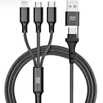 USB Type-C / USB töltő- és adatkábel 4in1, USB Type-C, Lightning, microUSB, 120 cm, 2400 mA, 12W, törésgátlóval, cipőfűző minta, Blue Star C172, fekete kép