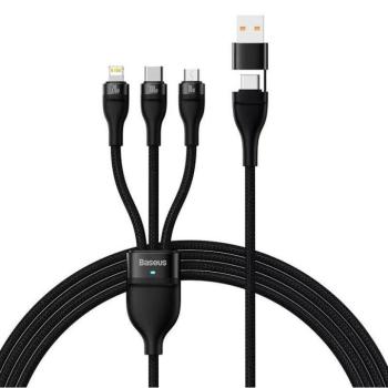 USB / USB Type-C töltő- és adatkábel 3in1, USB Type-C, Lightning, microUSB, 120 cm, 100W, törésgátlóval, gyorstöltés, PD, QC, cipőfűző minta, Baseus Flash Series 2, CASS030101, fekete kép