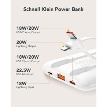 Veger W1170 powerbank 10000mAh 2A 22.5W QC3.0 PD beépített Type-C és Lightning kábellel fehér - fehér kép