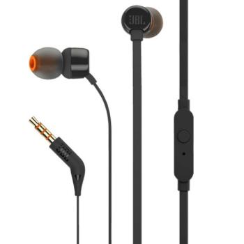 Vezetékes sztereó fülhallgató, 3.5 mm, mikrofon, funkció gomb, JBL T110, fekete, gyári kép