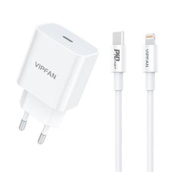 Vipfan E04 USB-C hálózati töltő adapter, QC 3.0 + Lightning kábel, 20W, fehér kép