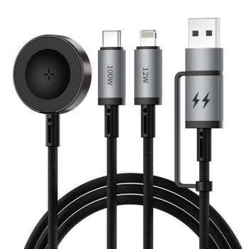 WiWU Wi-C050 Legend series 5in1 USB-A/USB-C-USB-C/Lightning/Wireless gyorstöltő kábel, 100W, 1m, fekete kép