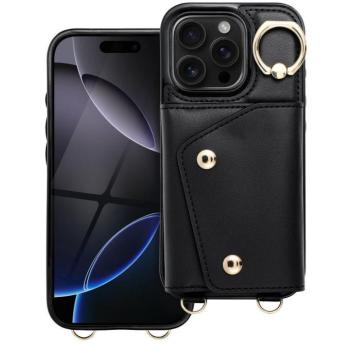 Wonder iPhone 16 Pro kártyatartós tok gyűrűs kitámasztóval, csuklóra / vállra akasztható pánttal, fekete kép