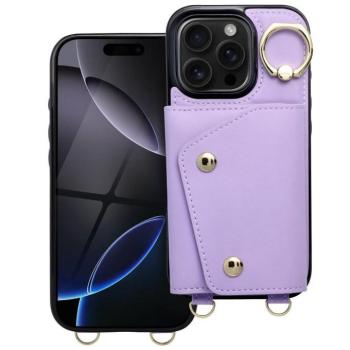 Wonder iPhone 16 Pro Max kártyatartós tok gyűrűs kitámasztóval, csuklóra / vállra akasztható pánttal, lila kép