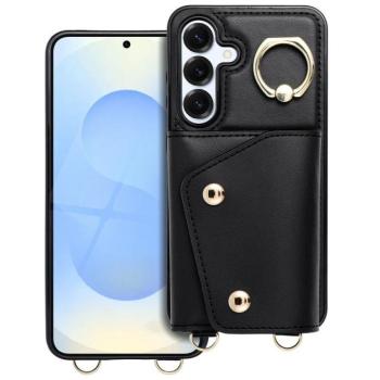 Wonder Samsung Galaxy S25 Ultra kártyatartós tok gyűrűs kitámasztóval, csuklóra / vállra akasztható pánttal, fekete kép