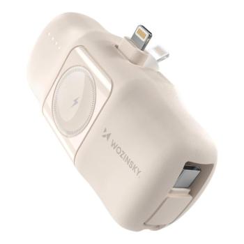Wozinsky WF16-YLS mini powerbank 5000mAh 15W Lightning csatlakozóval, beépített Type-C kábellel + vezeték nélküli Apple Watch töltés - bézs kép