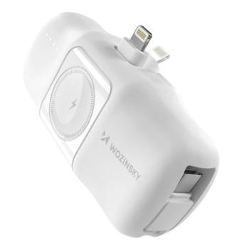 Wozinsky WF16-YLS mini powerbank 5000mAh 15W Lightning csatlakozóval, beépített Type-C kábellel + vezeték nélküli Apple Watch töltés - fehér kép