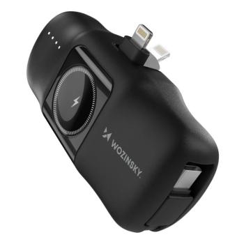 Wozinsky WF16-YLS mini powerbank 5000mAh 15W Lightning csatlakozóval, beépített Type-C kábellel + vezeték nélküli Apple Watch töltés - fekete kép