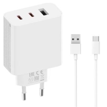 XIAOMI hálózati töltő USB+2 Type-C aljzat (5V/3A, 67W, GaN, gyorstöltő + Type-C kábel) FEHÉR kép