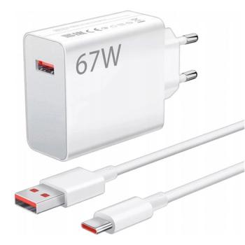 XIAOMI hálózati töltő USB aljzat (67W, PD gyorstöltő + Type-C kábel) FEHÉR kép